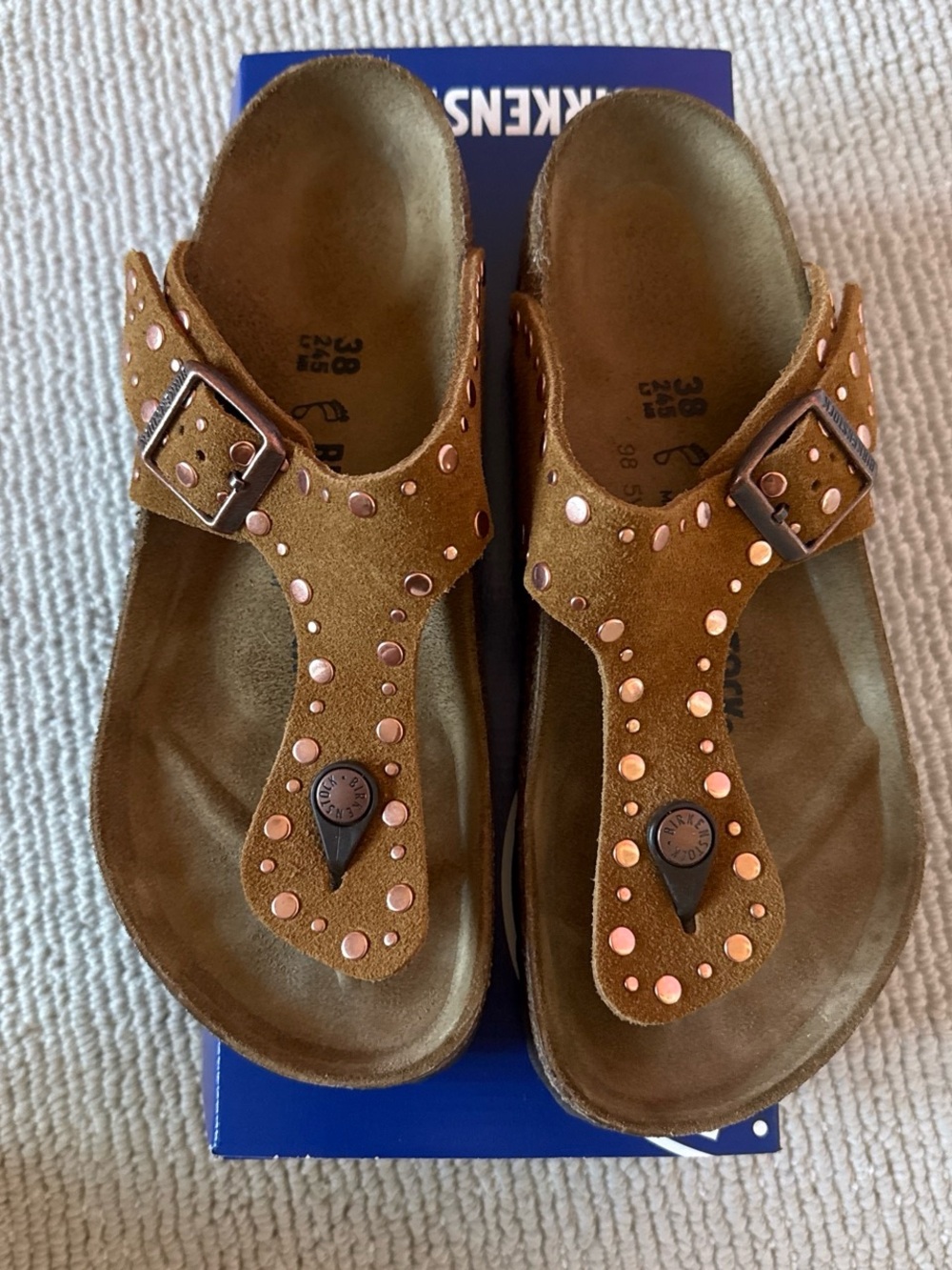 Birkenstock Brown Suede Thong Sandals with Copper Studs - Picture 2 of 5